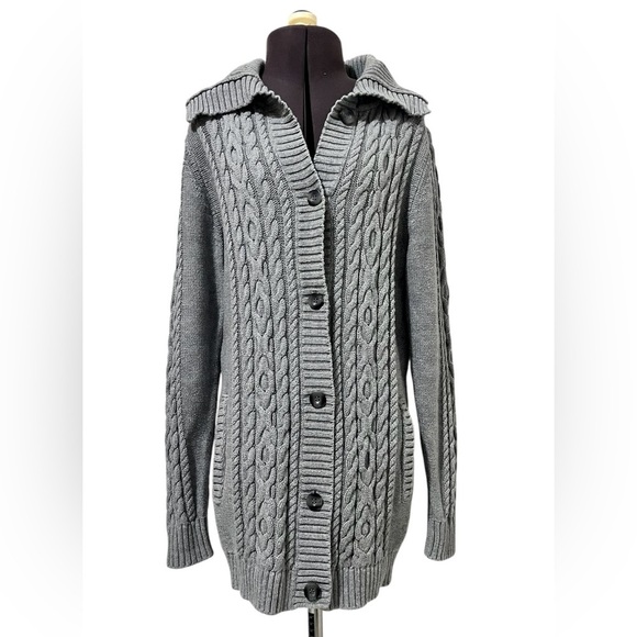 L.L. Bean Gray Chunky Cable Knit Button Up Cardigan Sweater Size S - Picture 1 of 13